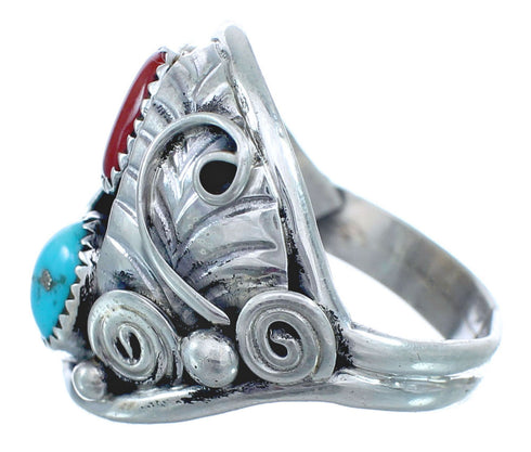Navajo Turquoise And Coral Sterling Silver Leaf Ring Size 9-3/4 AX122353